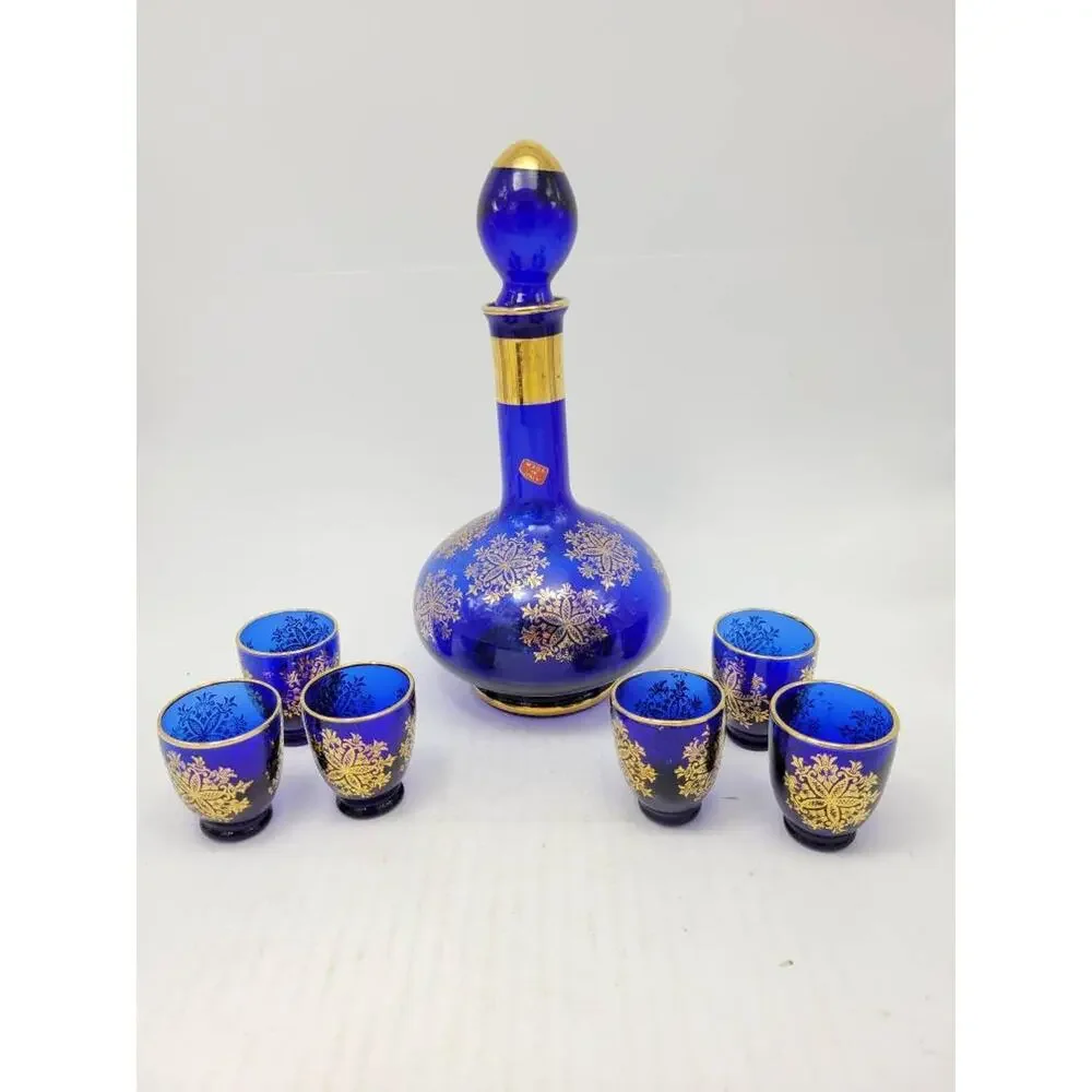 Vintage Cobalt Blue Glass Decanter Set Gold Floral Cordial Liqueur Shot Glasses